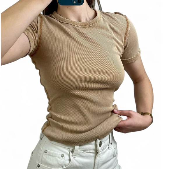 Zara Size Medium Tan Rib Knit Distressed Basic Fitted TShirt Top Cotton Stretch - Picture 1 of 10